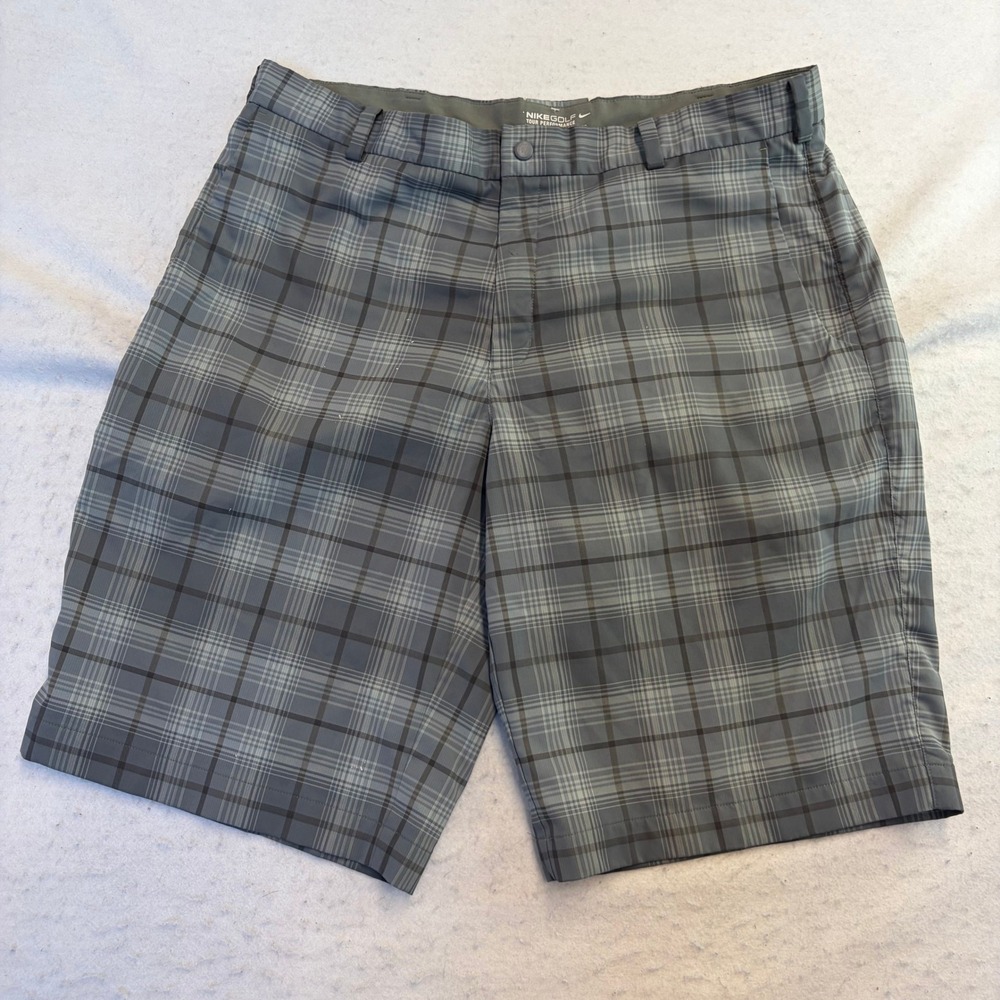 Nike Golf Tour Performance Shorts Mens 36 Gray Plaid Dri-Fit Flat Front